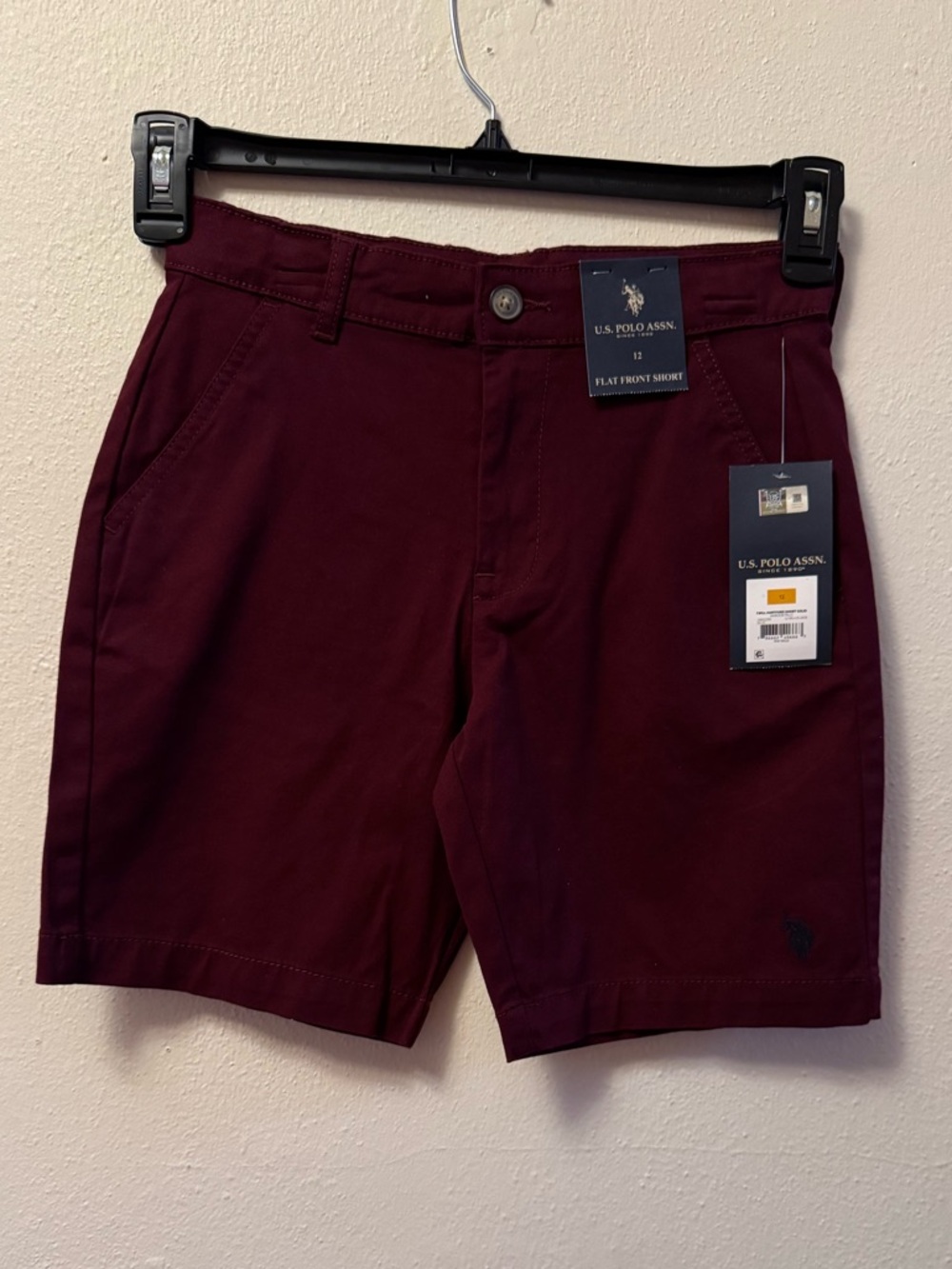 US Polo Assn Boys Twill Shorts Size 12 Maroon Flat Front Adjustable Waist